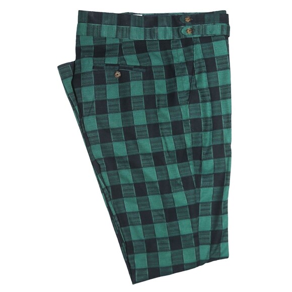 Mens Gurkha Pants Green Blue Check Cotton Straight Flat Front Dress Trousers 38